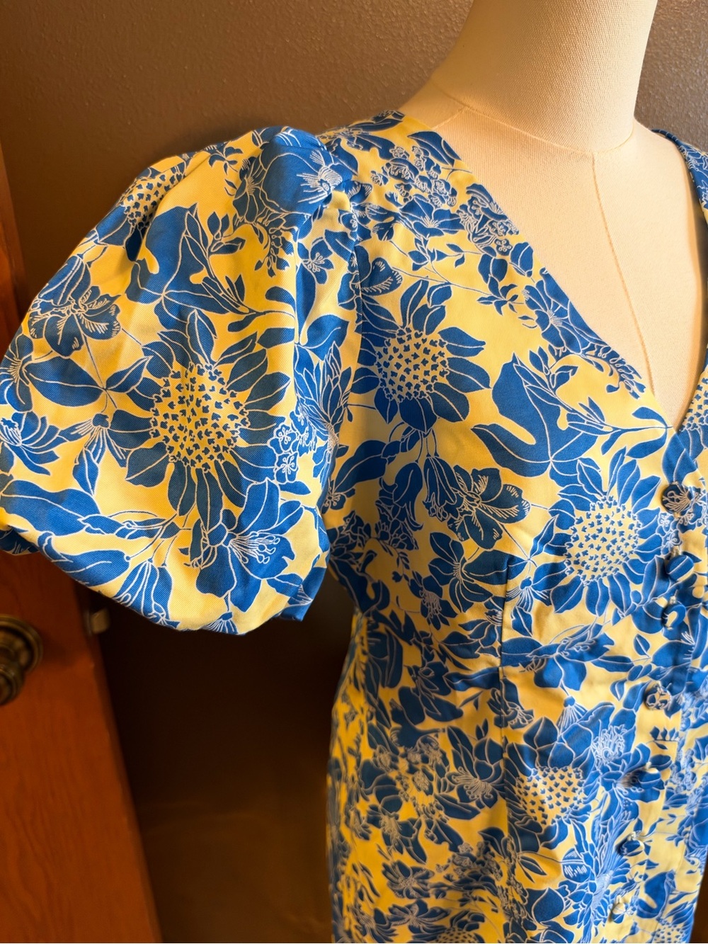 J. Crew Yellow and Blue Floral V-Neck Puff Sleeve Mini Dress - Picture 3 of 6